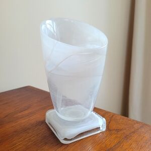 Artisan Alabaster Glass Sculpture White Slanted Conical Footed Vase